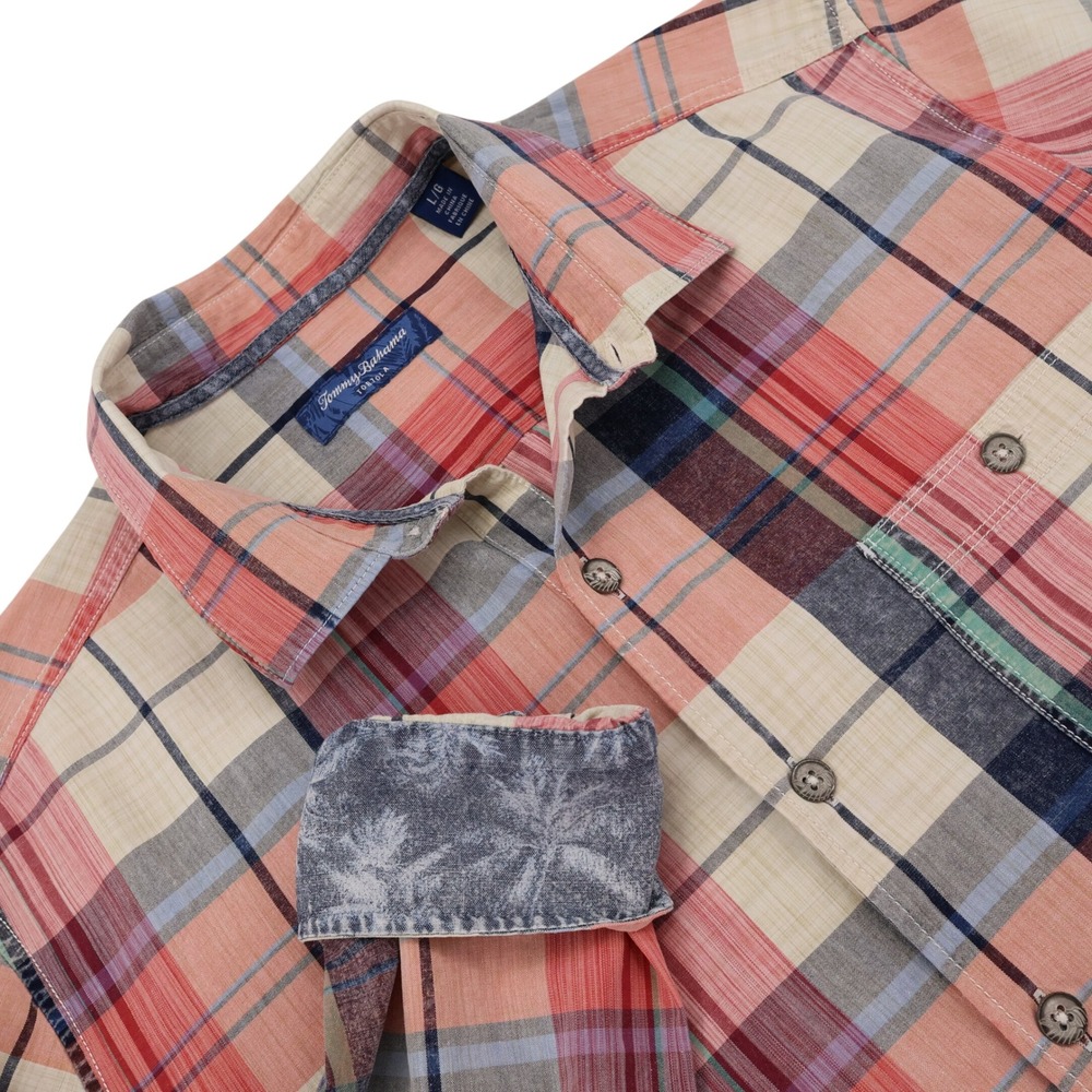 Tommy‎ Bahama Tortola Mens Large Orange Blue Plaid Short Sleeve Button Up Shirt